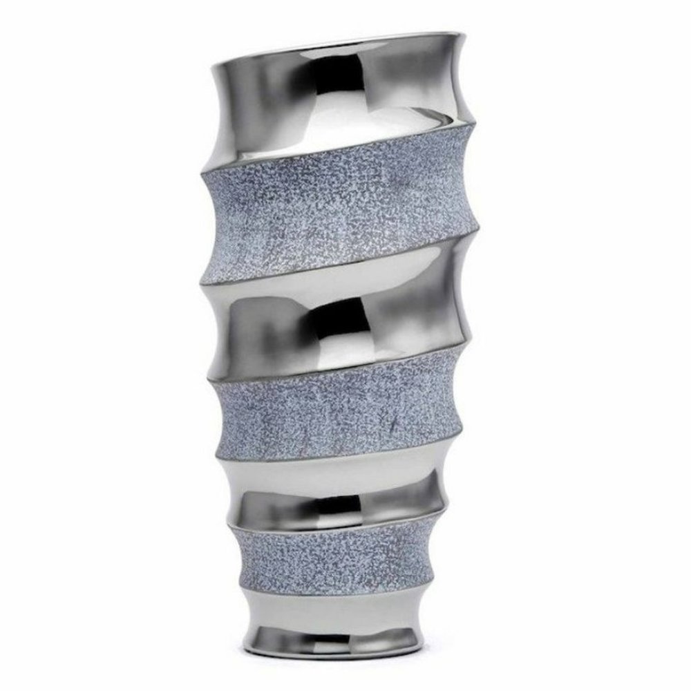 NEW Curvaro Lux Ceramic & Silver Rippled Vase 13.5" x 5.5" MSRP $160